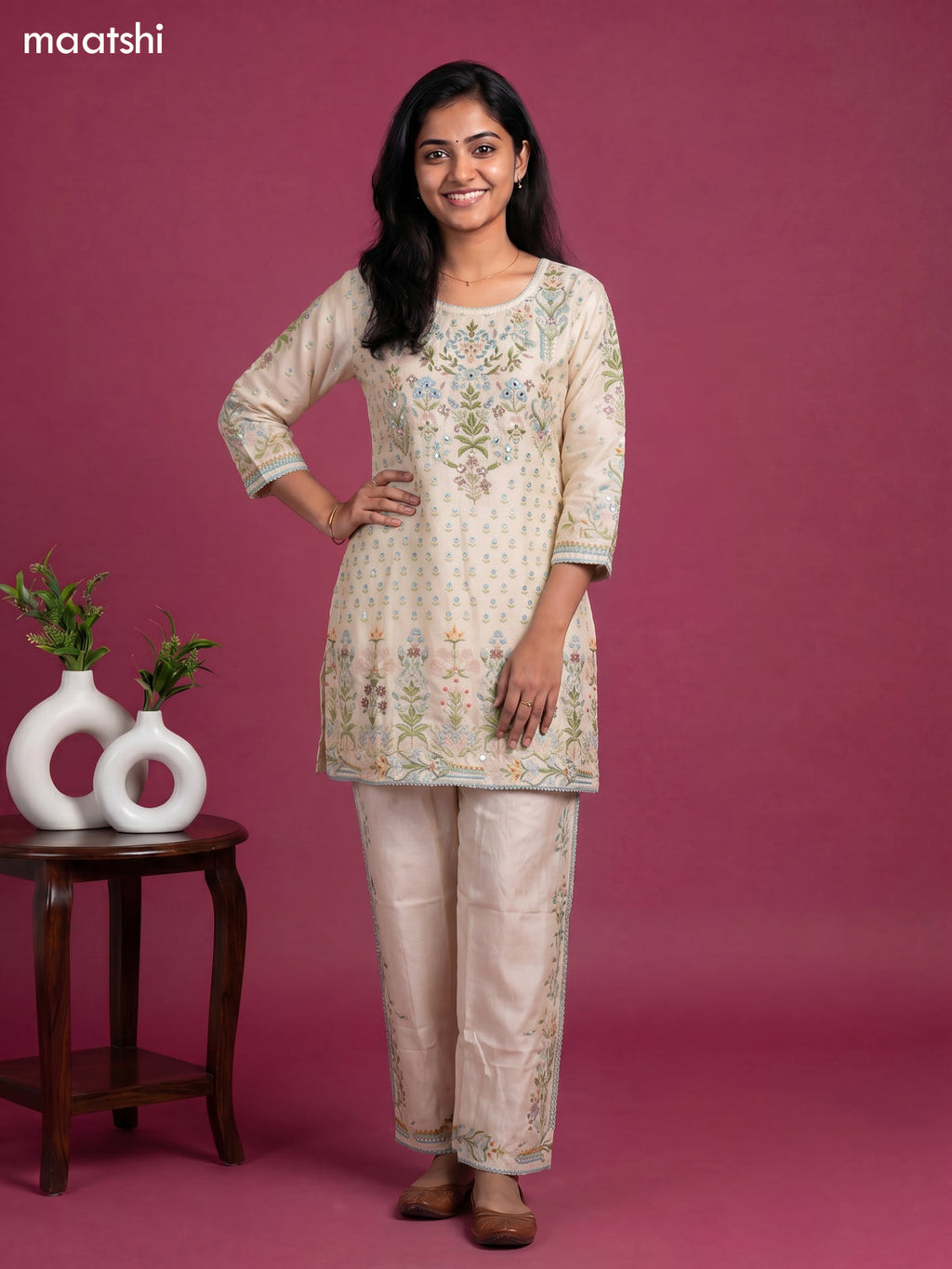 Cream Linen Cotton Printed &Embroidery Short Co-Ord Set