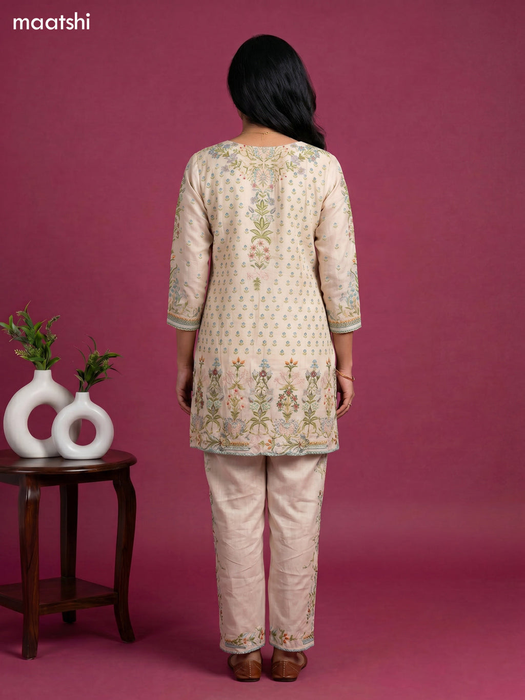 Cream Linen Cotton Printed &Embroidery Short Co-Ord Set