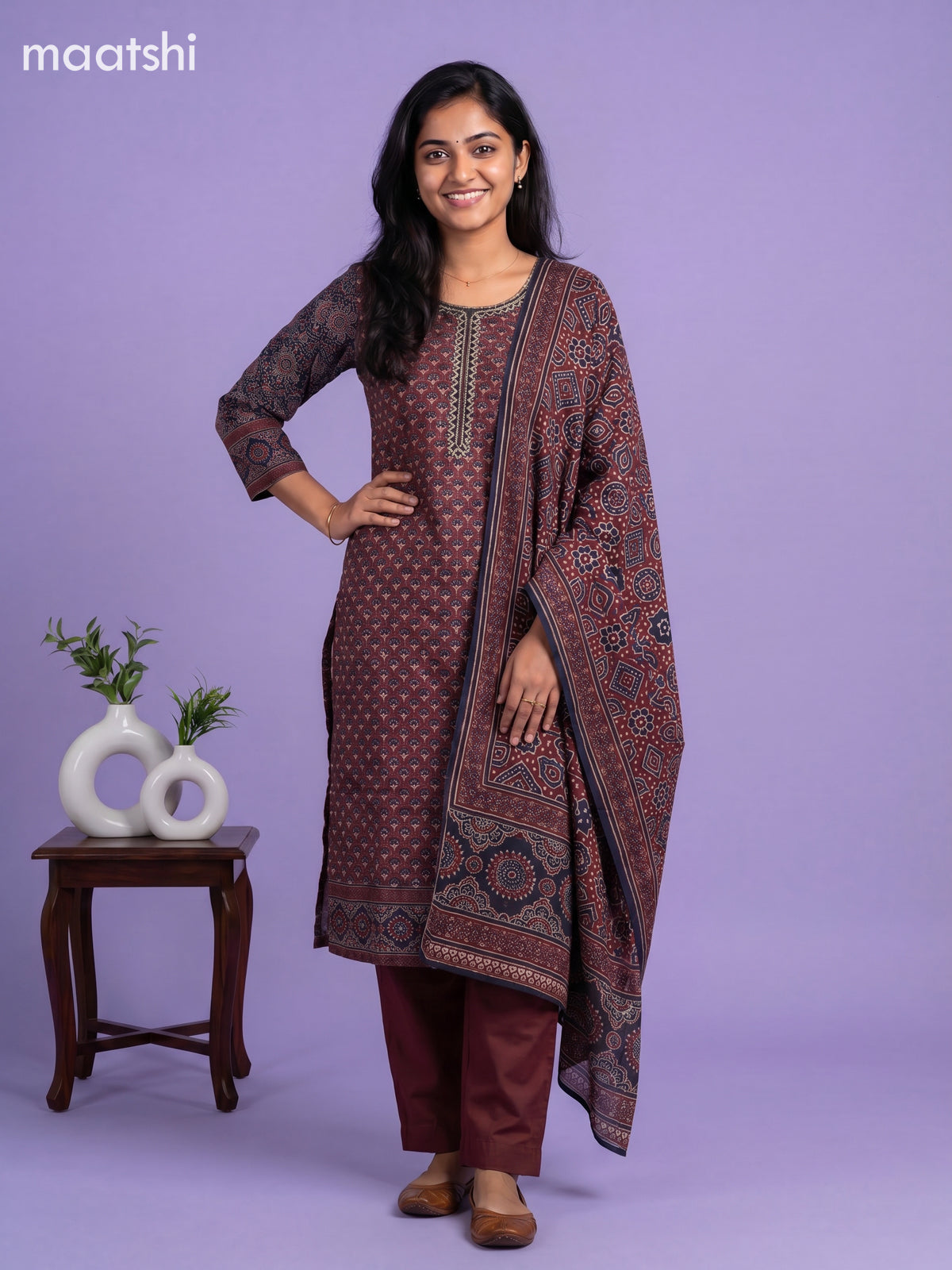 Maroon Muslin Printed & Embroidery Work Straight Suit