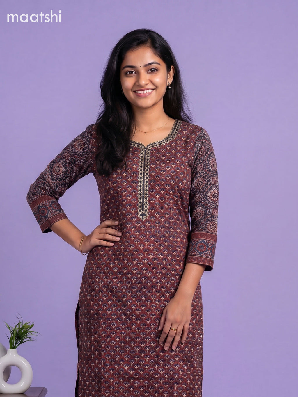 Maroon Muslin Printed & Embroidery Work Straight Suit