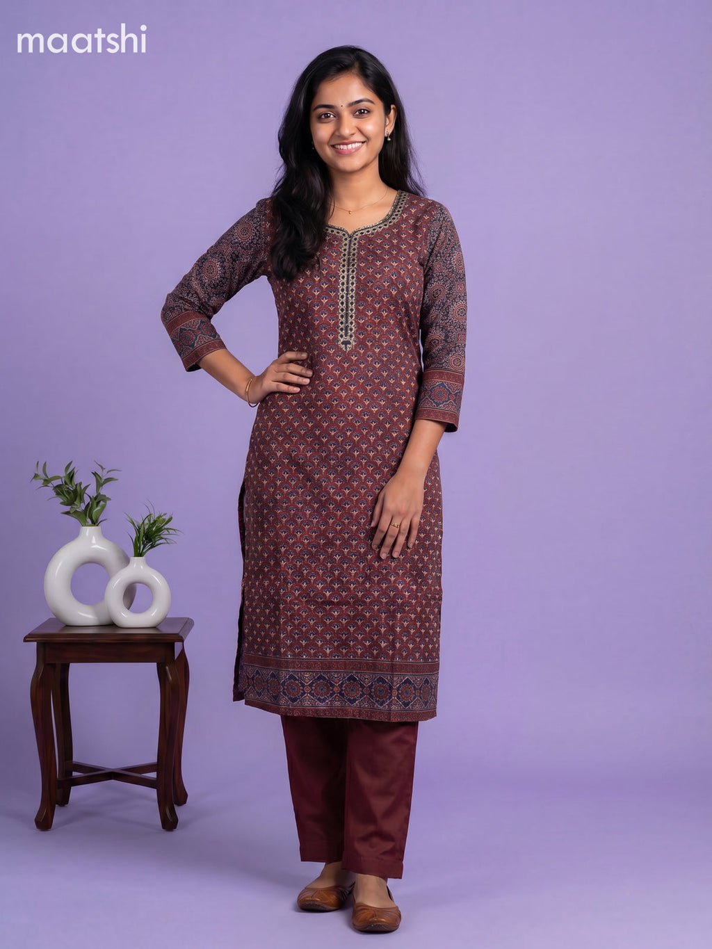 Maroon Muslin Printed & Embroidery Work Straight Suit