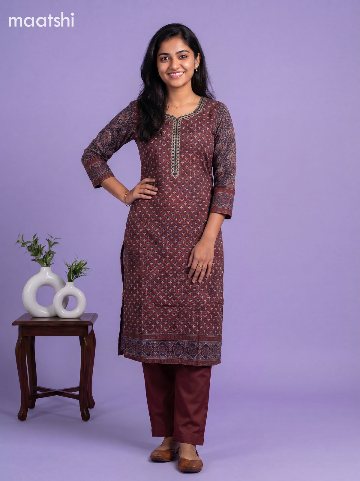Maroon Muslin Printed & Embroidery Work Straight Suit