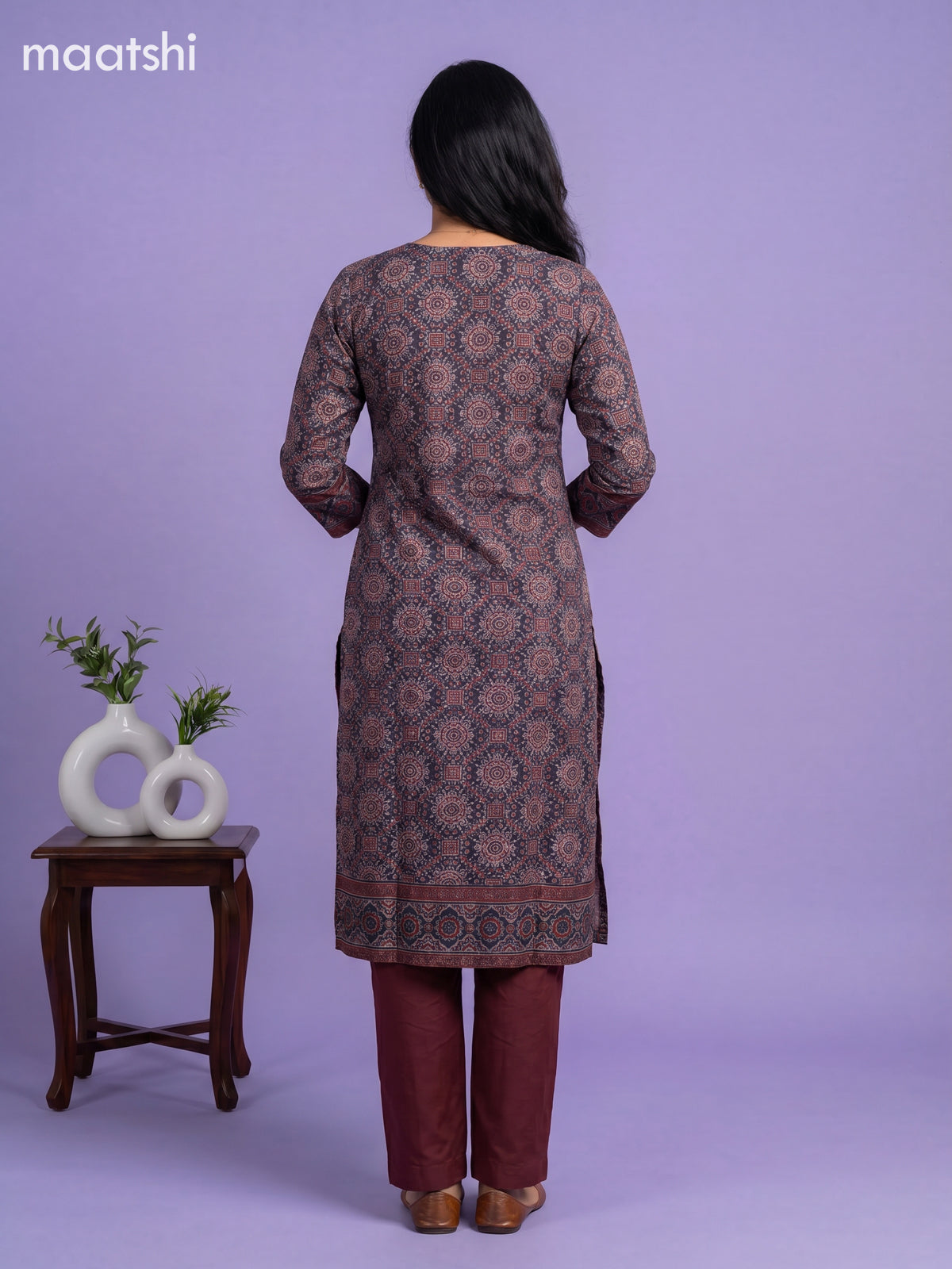 Maroon Muslin Printed & Embroidery Work Straight Suit