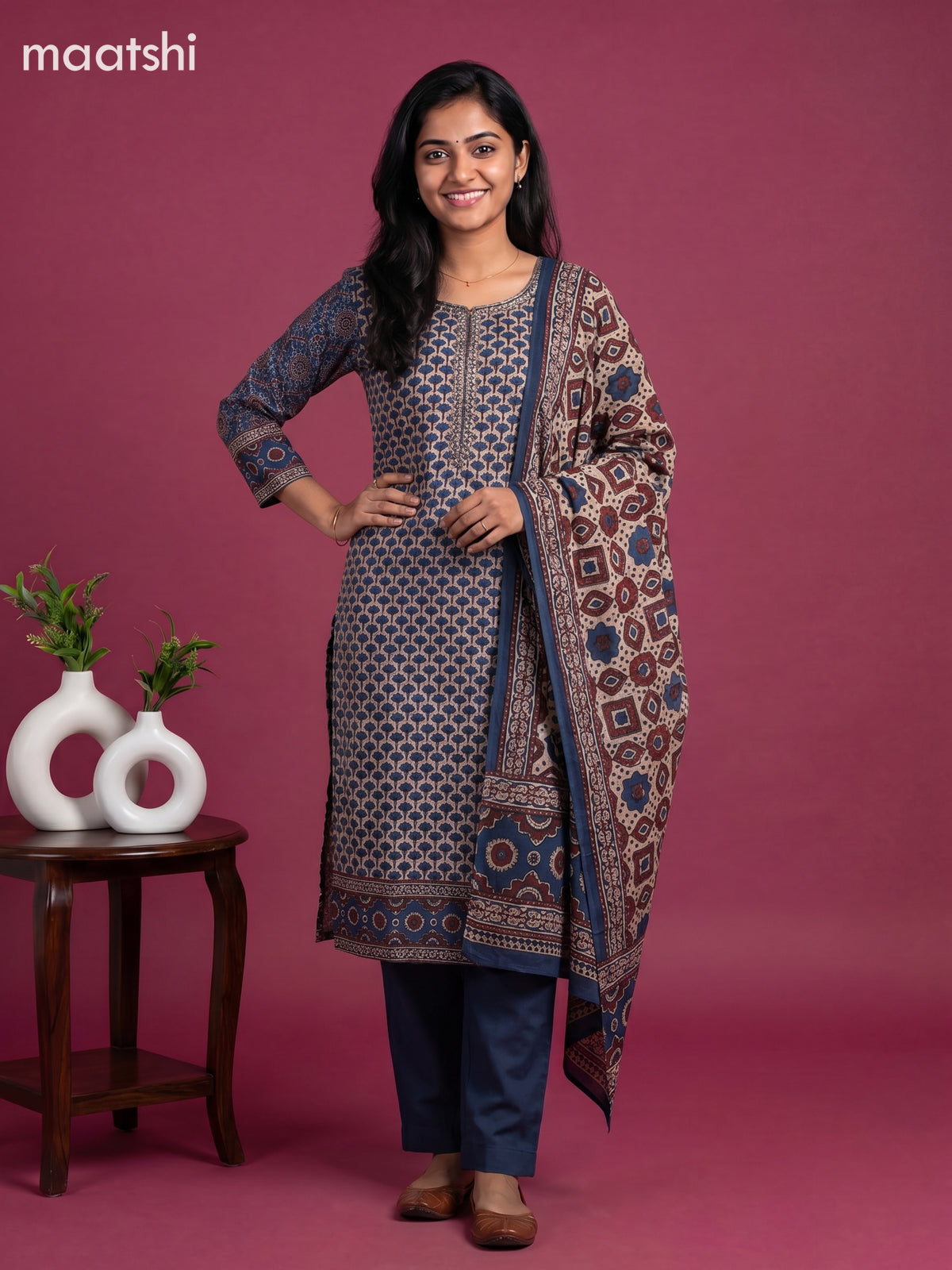 Beige and Blue Muslin Printed & Embroidery Work Straight Suit