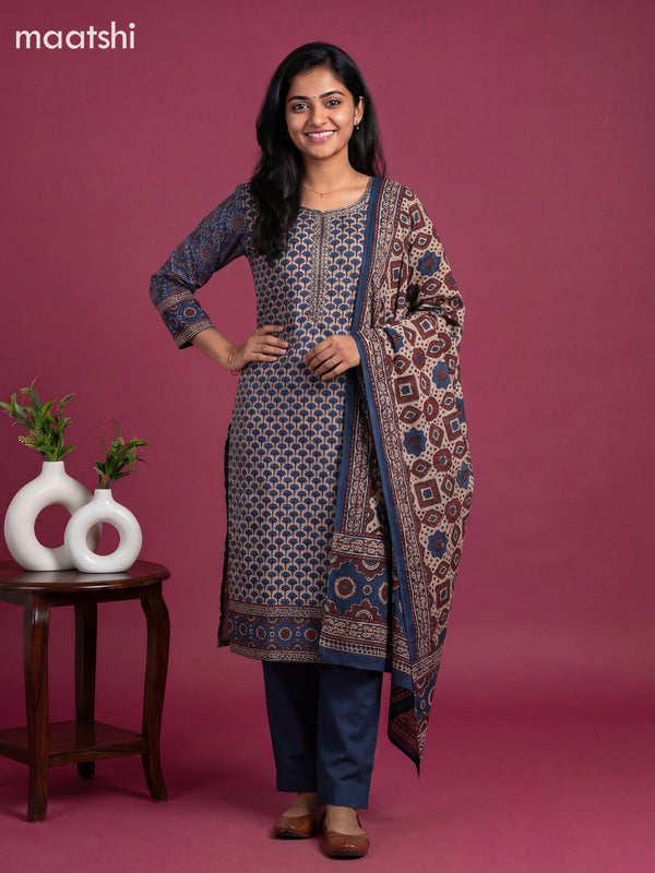 Beige and Blue Muslin Printed & Embroidery Work Straight Suit