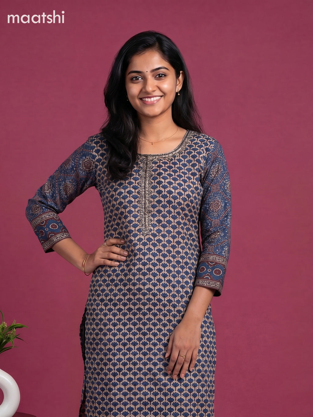 Beige and Blue Muslin Printed & Embroidery Work Straight Suit