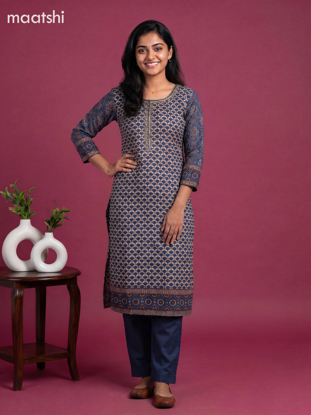 Beige and Blue Muslin Printed & Embroidery Work Straight Suit