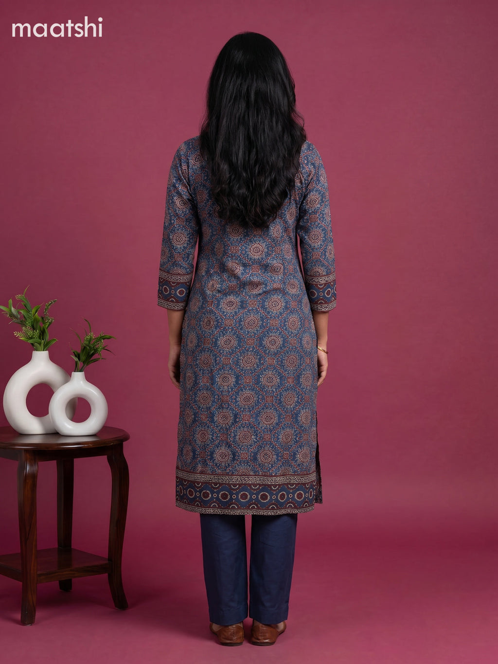 Beige and Blue Muslin Printed & Embroidery Work Straight Suit
