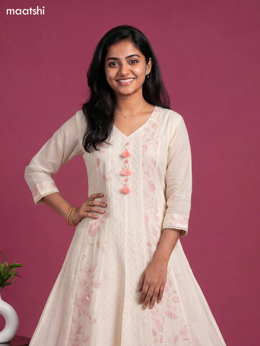 Cream and Peach Cotton Hakuba & Embroidery Work Anarkali Suit