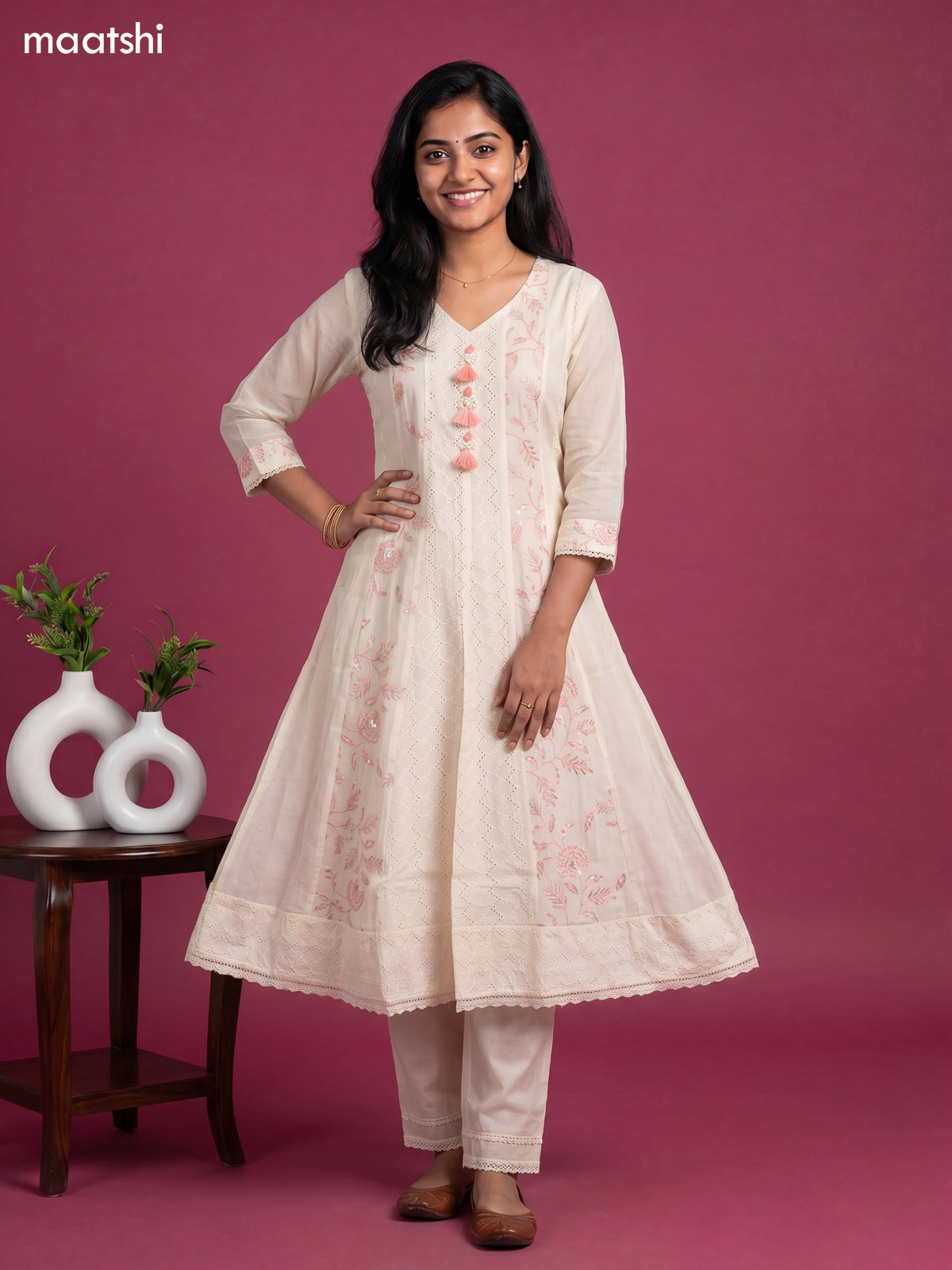 Cream and Peach Cotton Hakuba & Embroidery Work Anarkali Suit