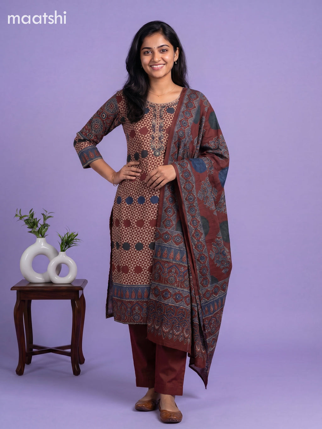 Maroon and Beige Muslin Printed & Embroidery Work Straight Suit