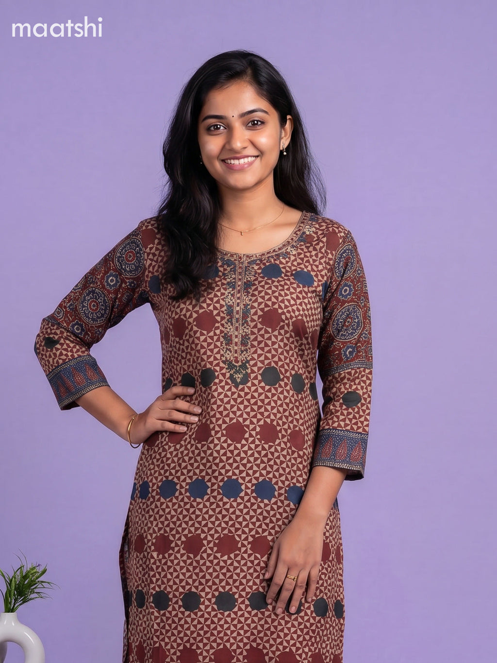 Maroon and Beige Muslin Printed & Embroidery Work Straight Suit