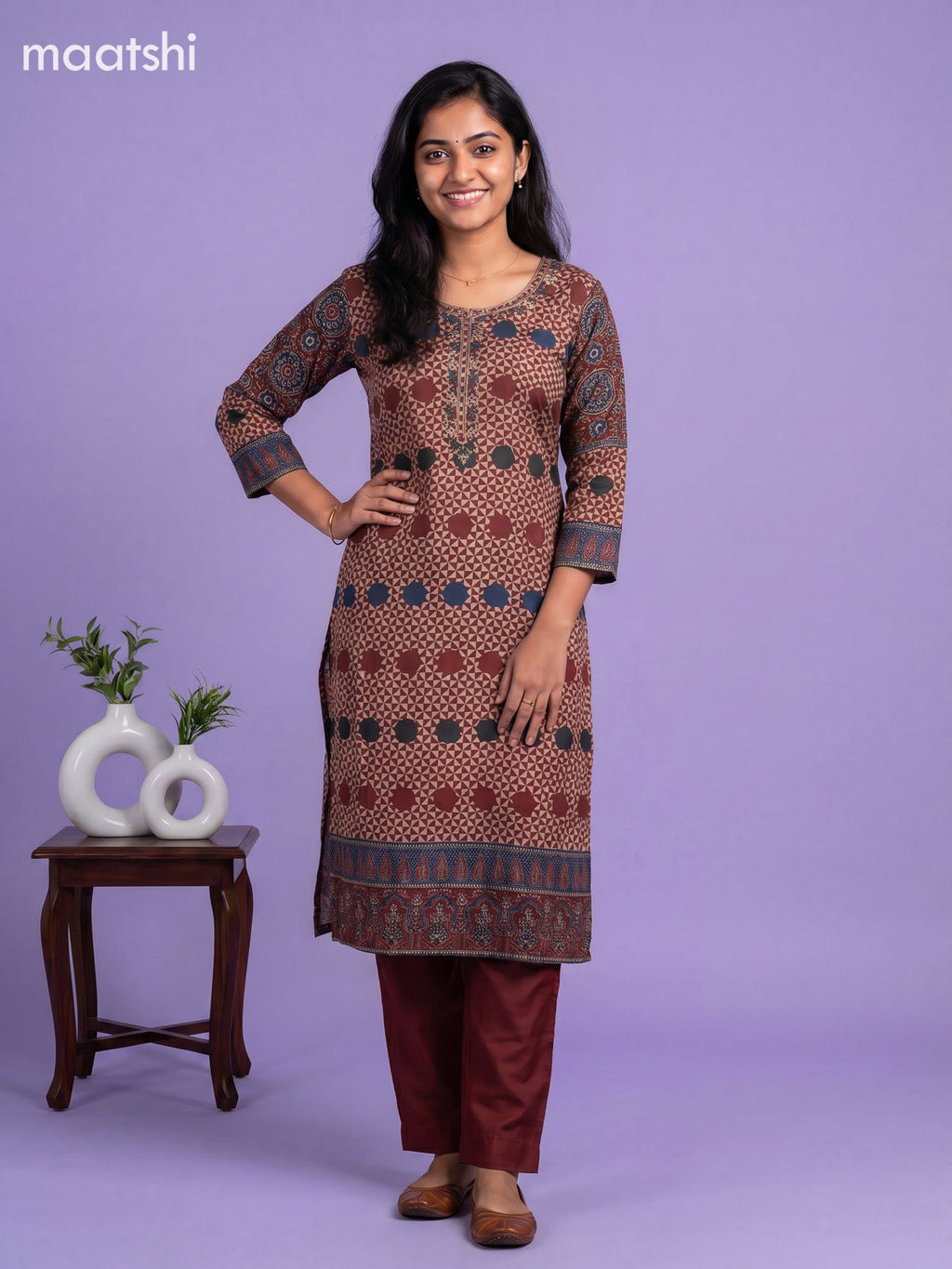 Maroon and Beige Muslin Printed & Embroidery Work Straight Suit