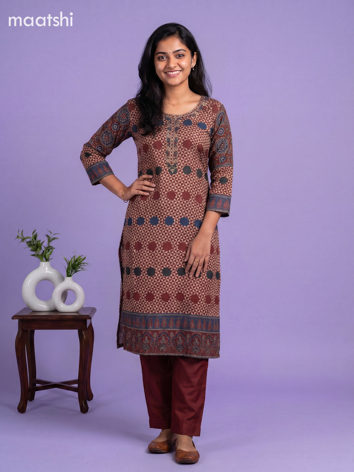 Maroon and Beige Muslin Printed & Embroidery Work Straight Suit