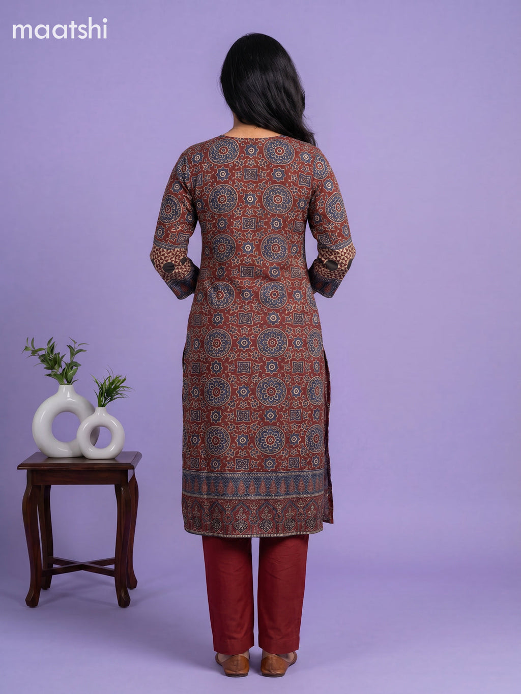 Maroon and Beige Muslin Printed & Embroidery Work Straight Suit
