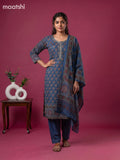 Blue Muslin Printed & Embroidery Work Straight Suit