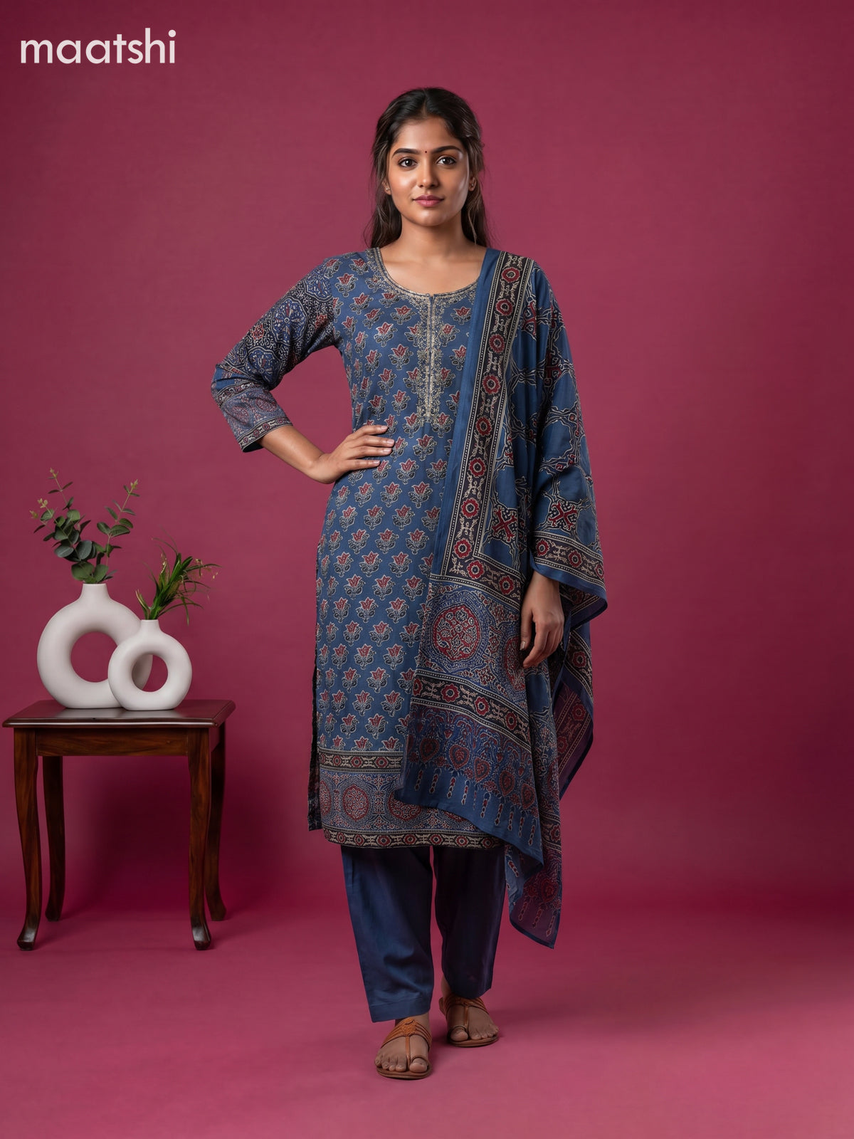 Blue Muslin Printed & Embroidery Work Straight Suit