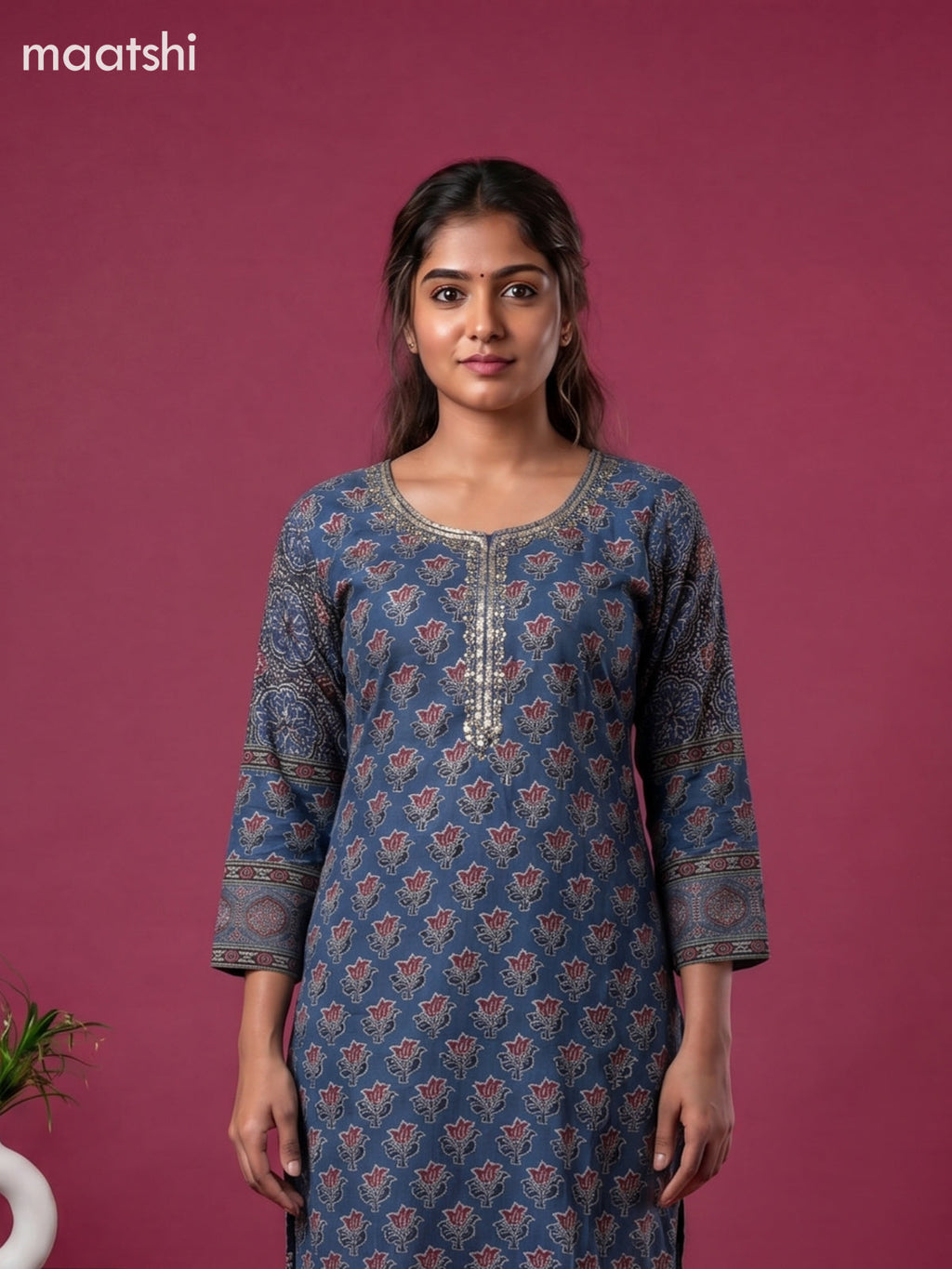 Blue Muslin Printed & Embroidery Work Straight Suit
