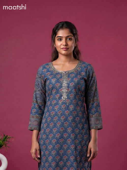 Blue Muslin Printed & Embroidery Work Straight Suit