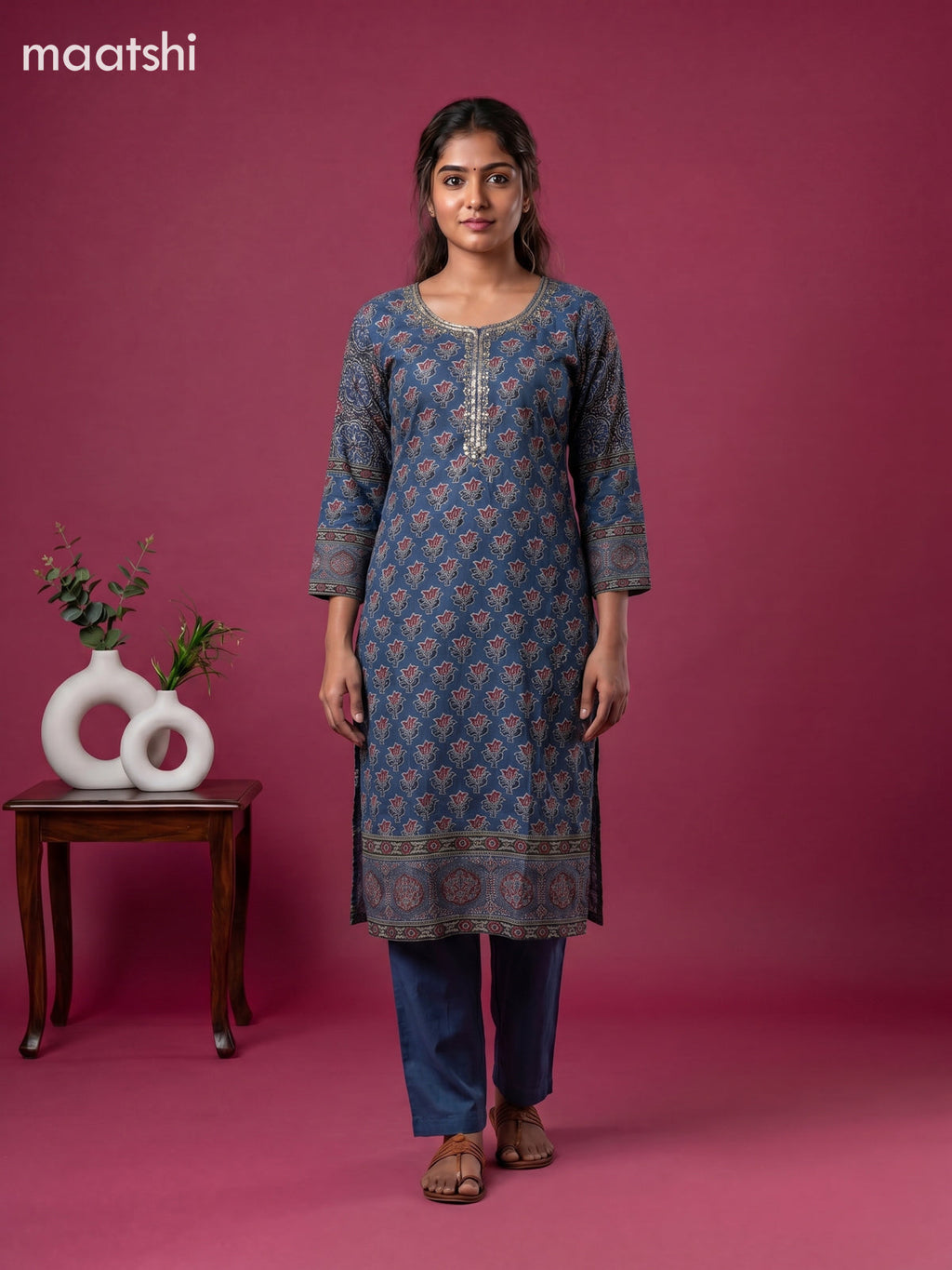 Blue Muslin Printed & Embroidery Work Straight Suit