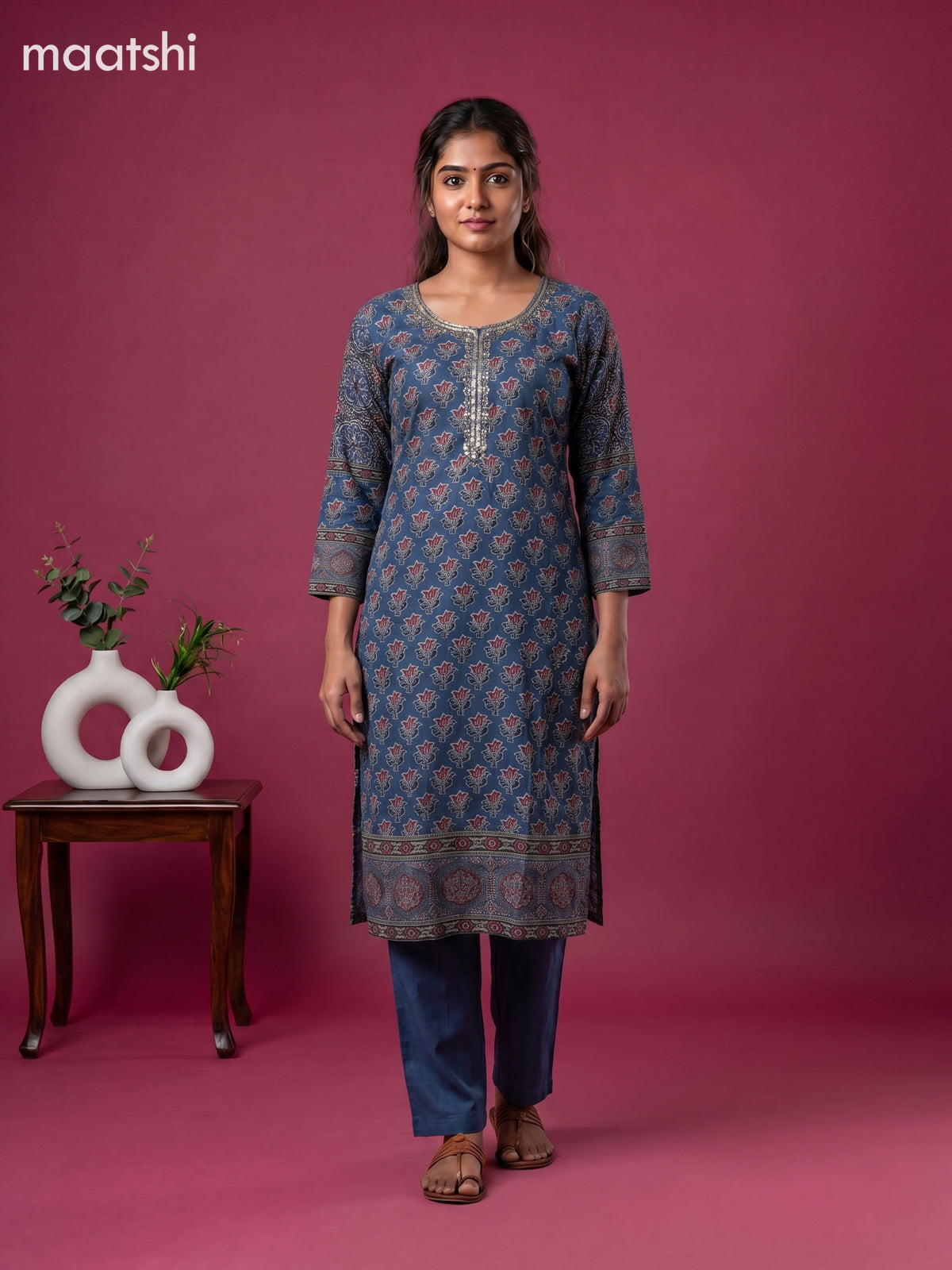 Blue Muslin Printed & Embroidery Work Straight Suit