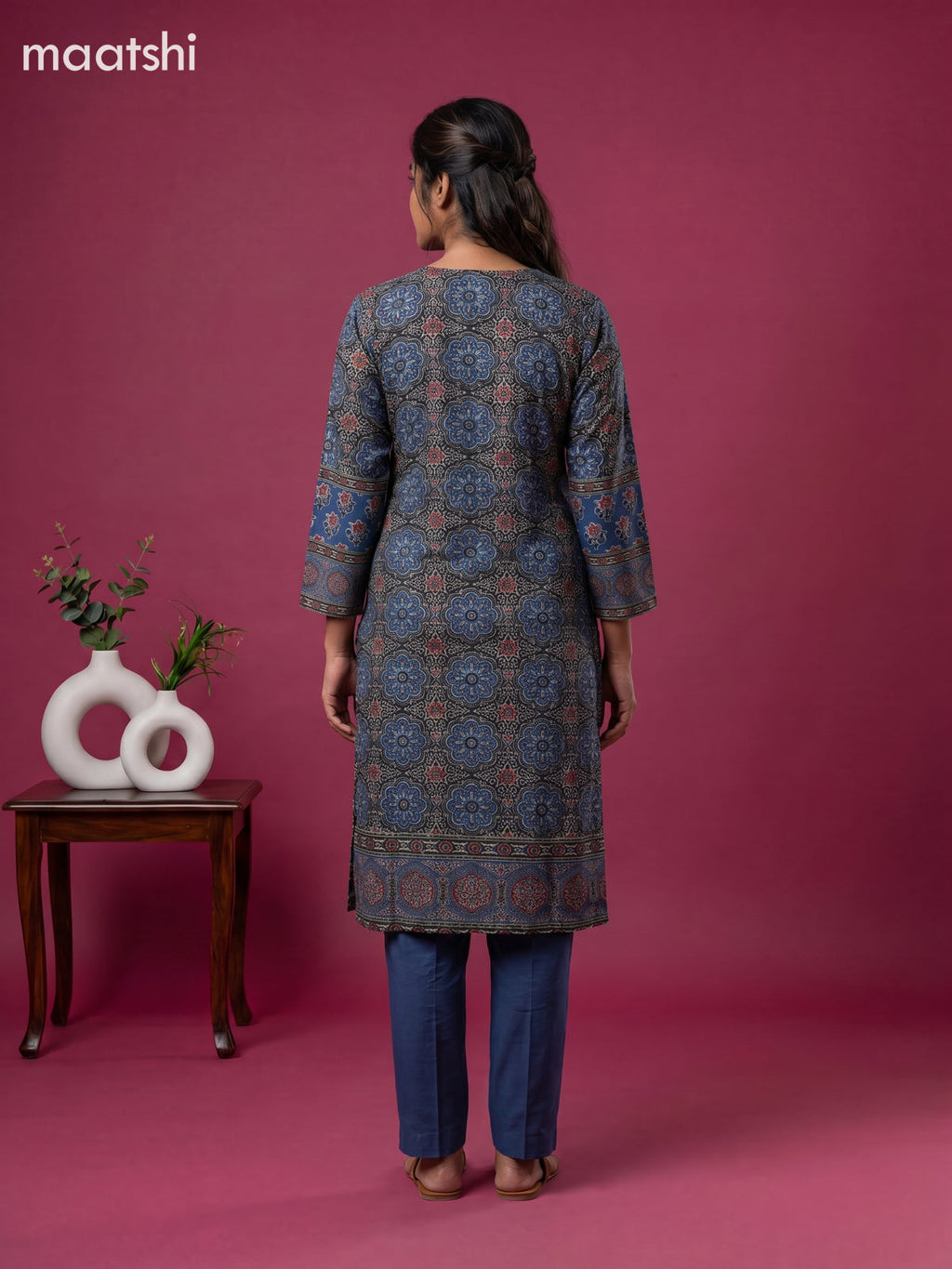 Blue Muslin Printed & Embroidery Work Straight Suit