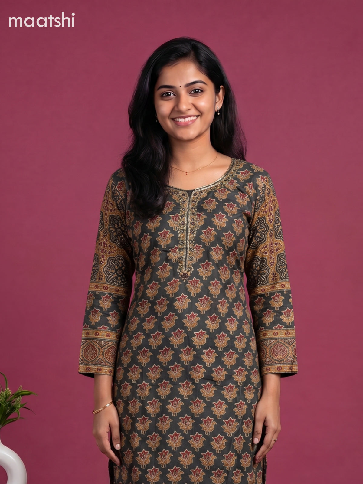 Sap Green Muslin Printed & Embroidery Work Straight Suit