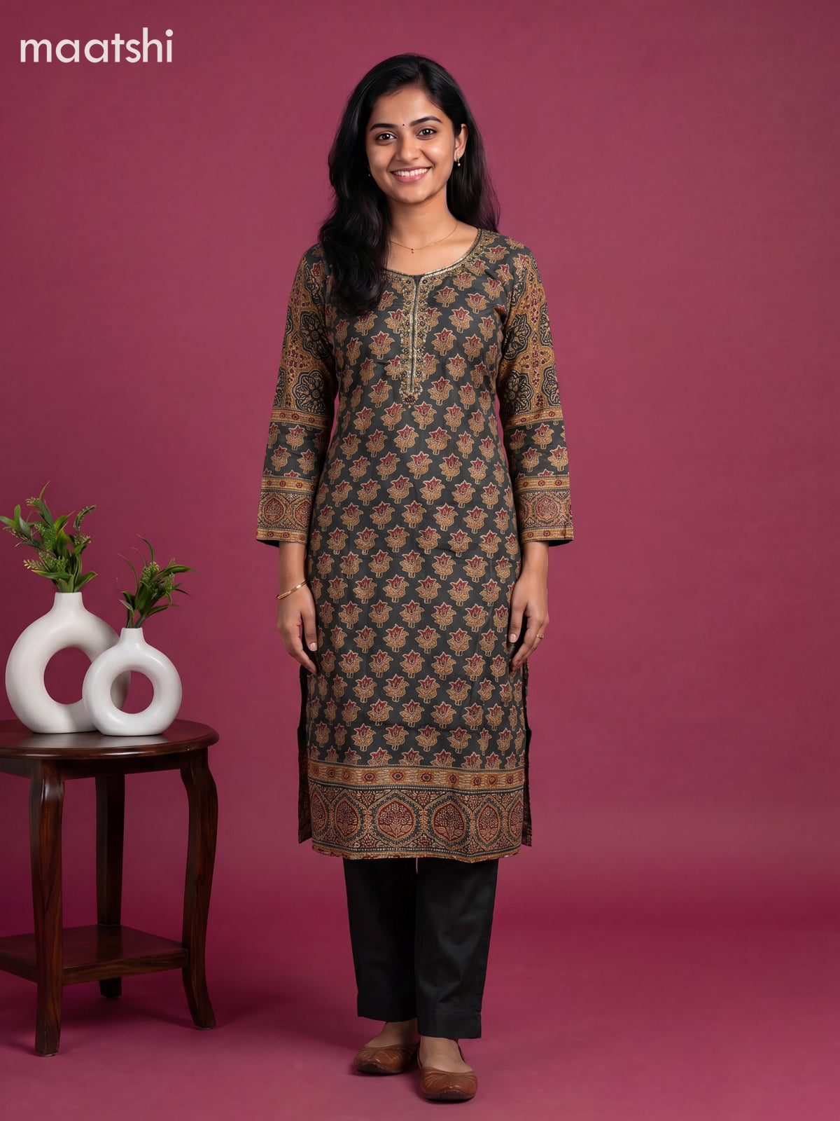 Sap Green Muslin Printed & Embroidery Work Straight Suit