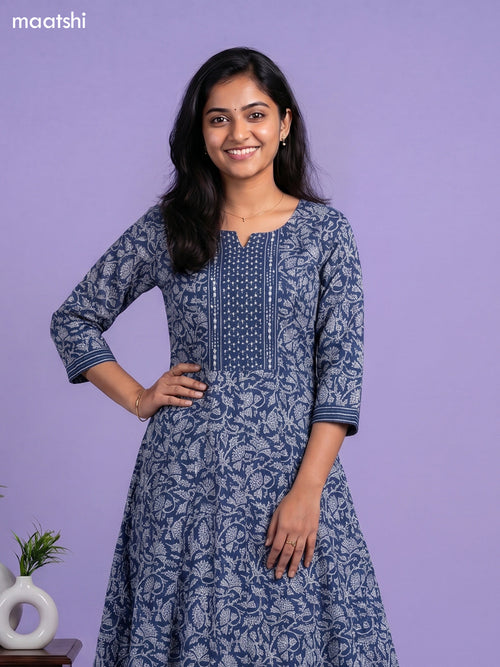 Blue Cotton Kalamkari Printed Anarkali Suit