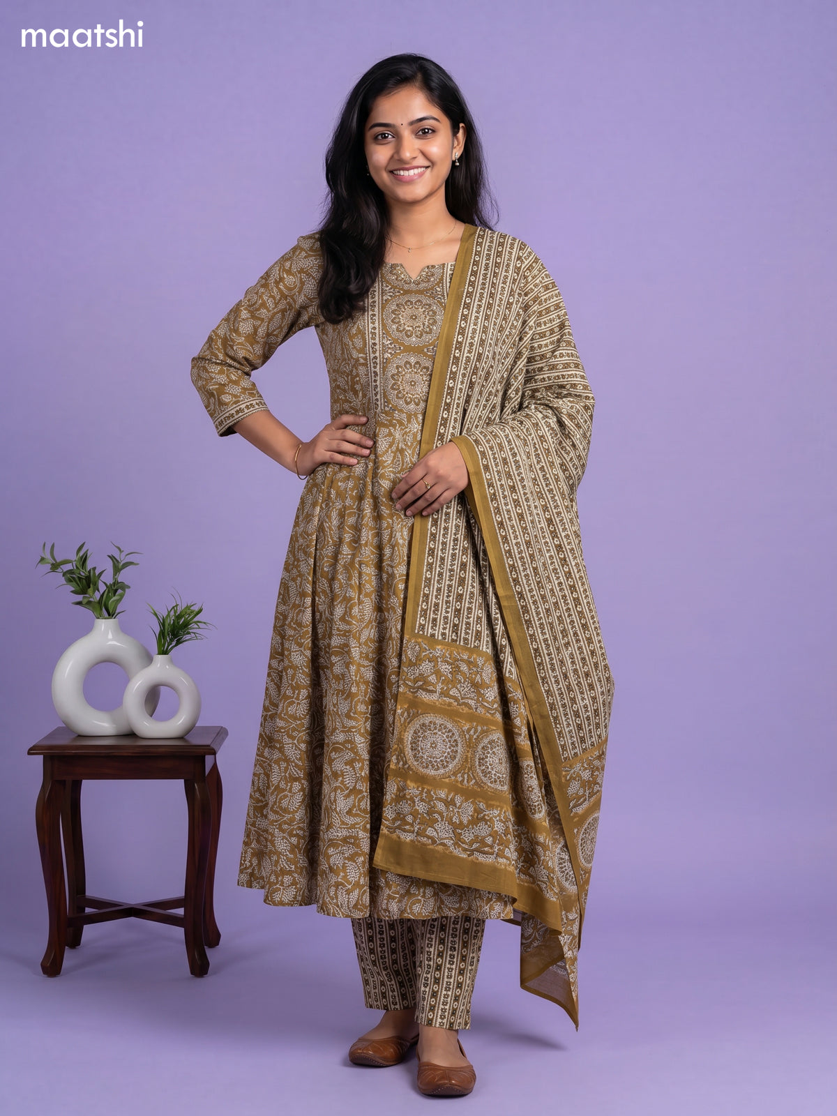 Dark Mustard Cotton Kalamkari Printed Anarkali Suit