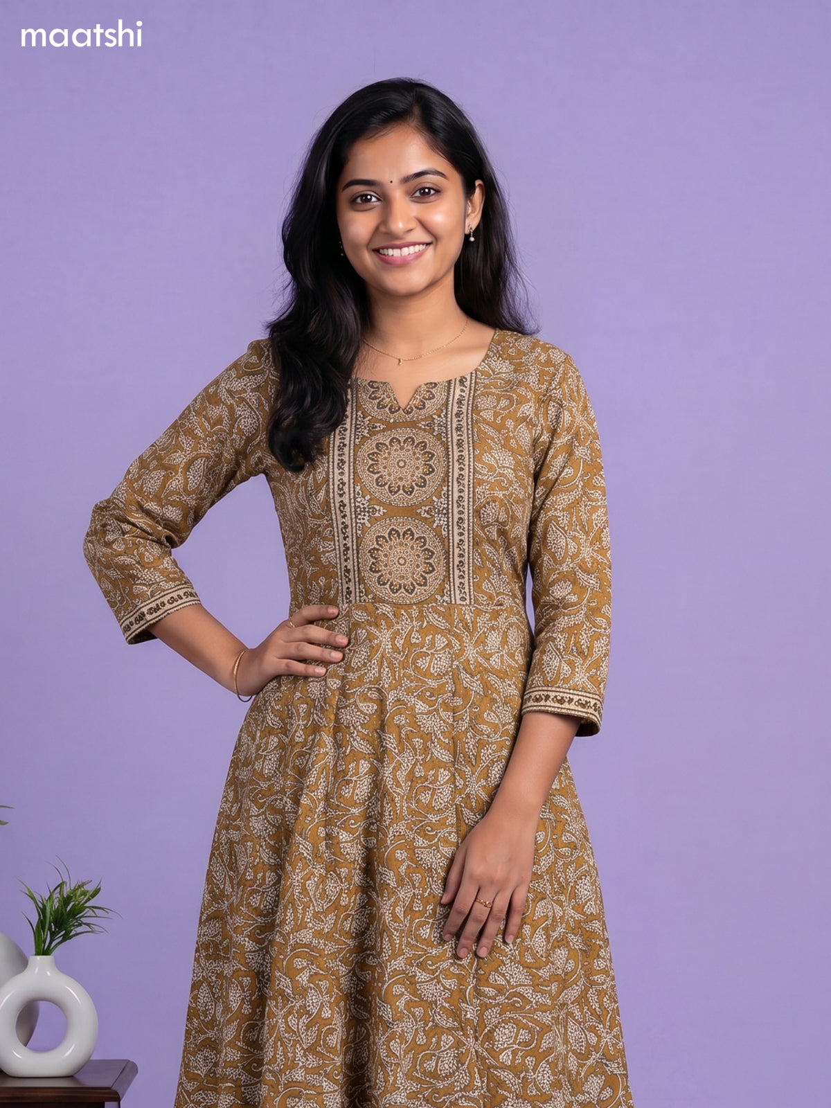 Dark Mustard Cotton Kalamkari Printed Anarkali Suit