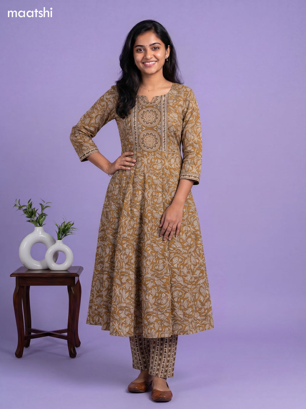 Dark Mustard Cotton Kalamkari Printed Anarkali Suit