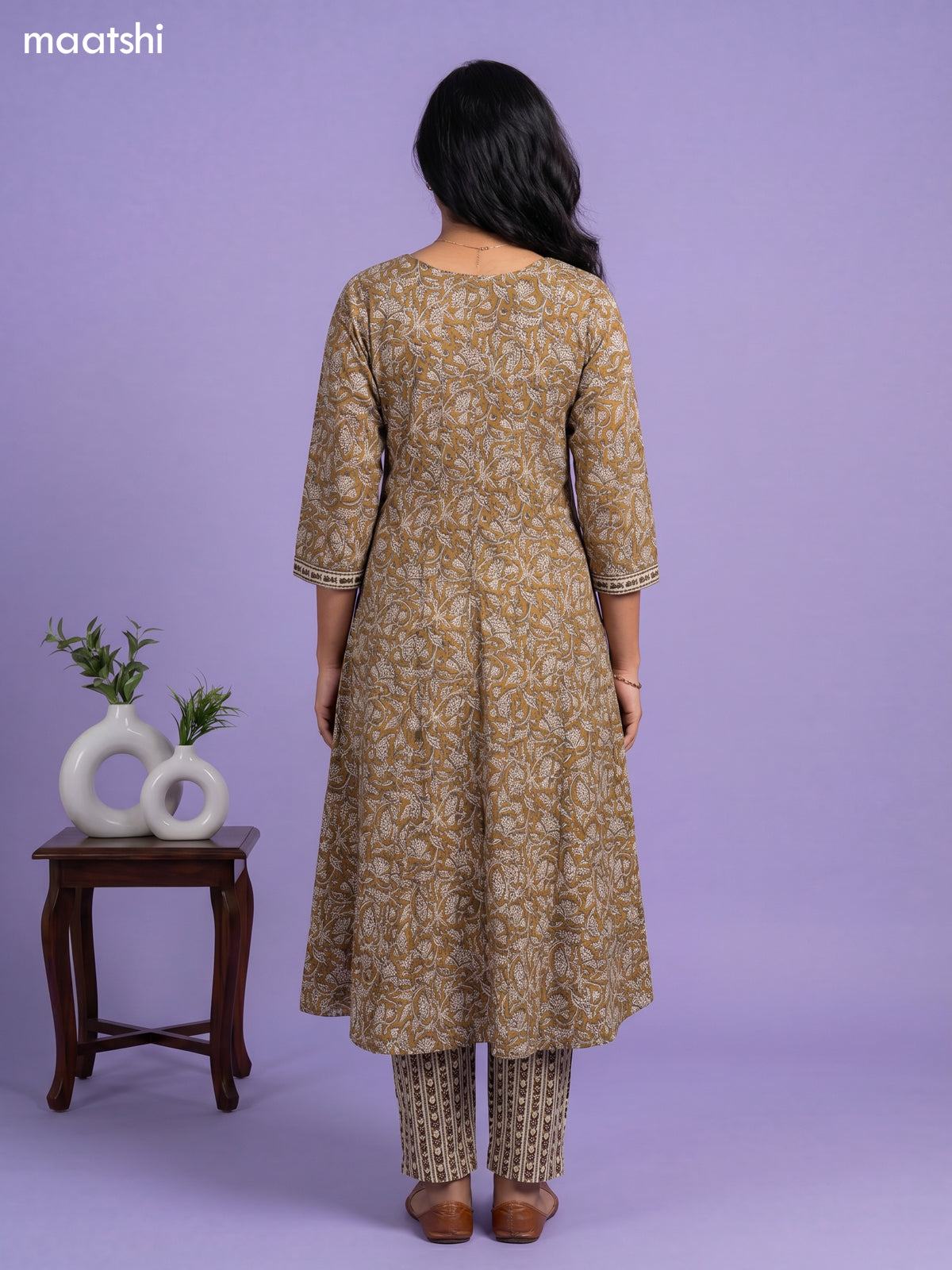 Dark Mustard Cotton Kalamkari Printed Anarkali Suit