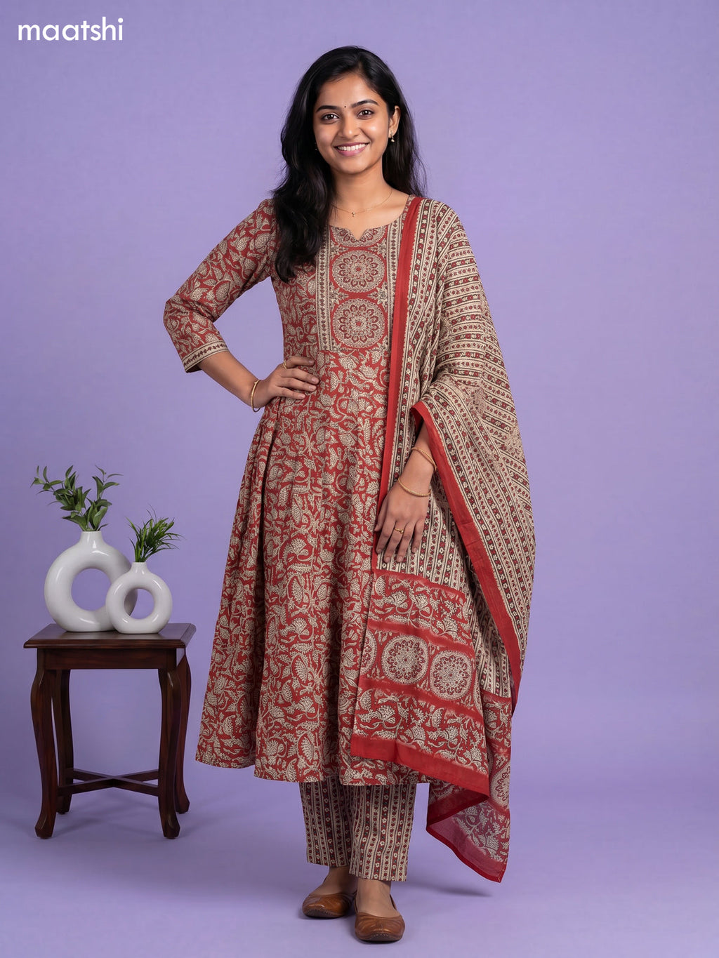 Red Cotton Kalamkari Printed Anarkali Suit
