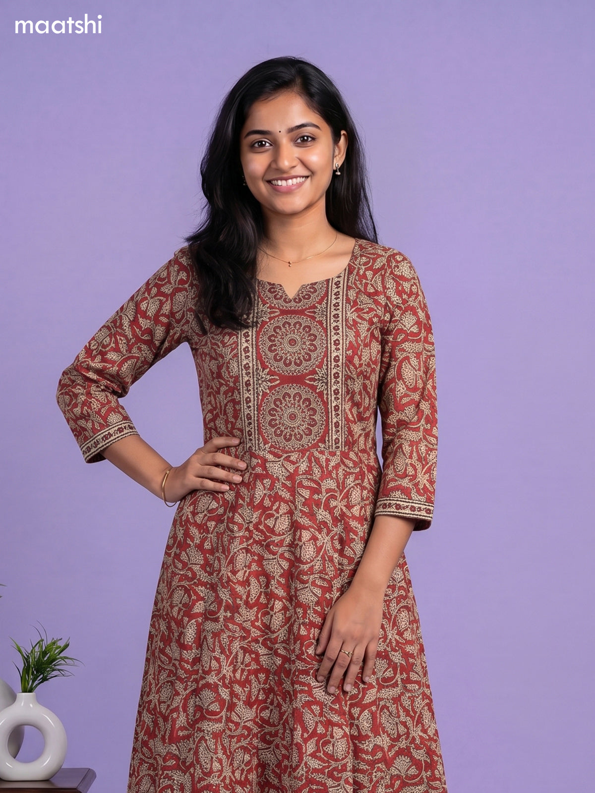 Red Cotton Kalamkari Printed Anarkali Suit
