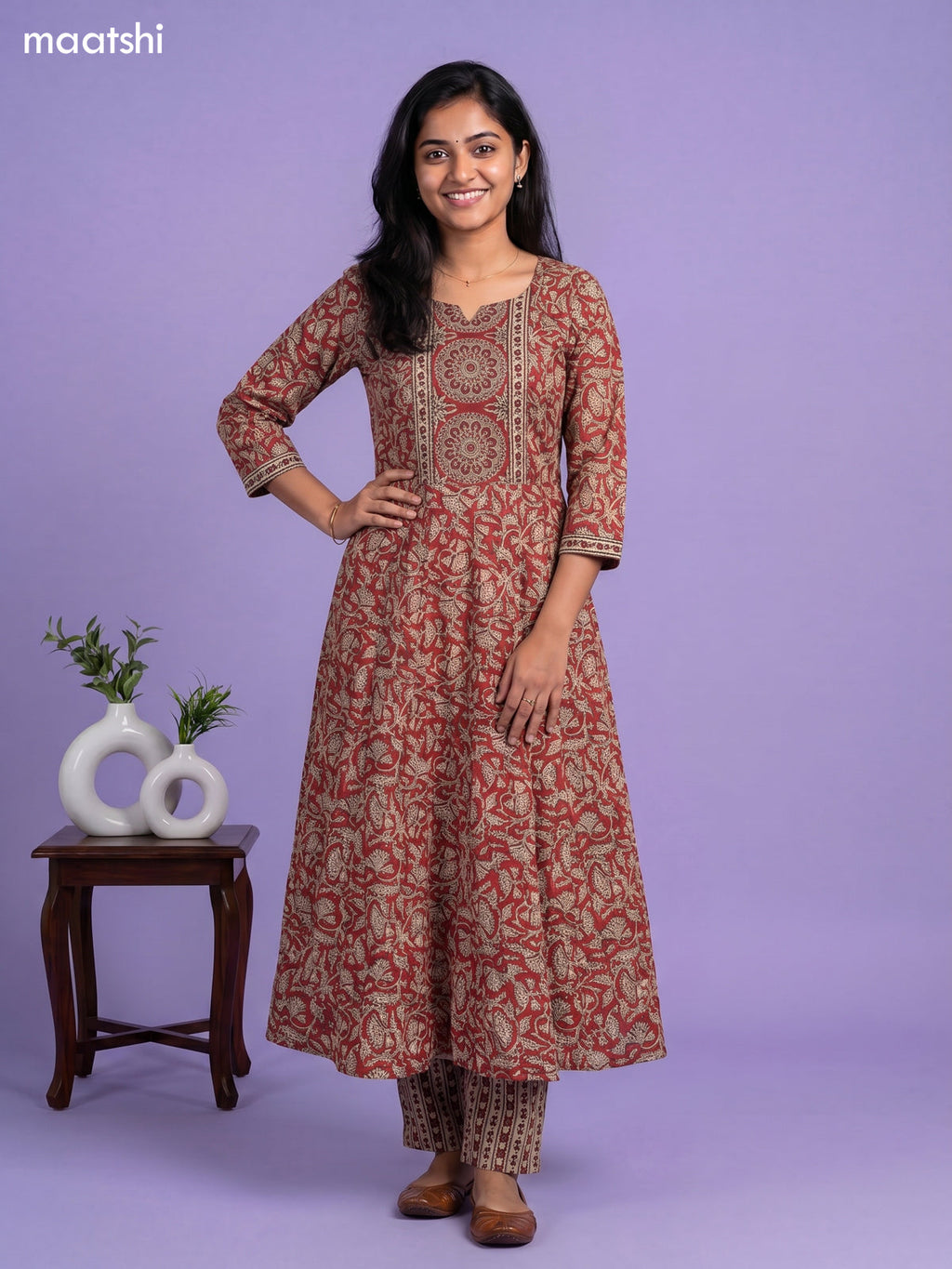 Red Cotton Kalamkari Printed Anarkali Suit