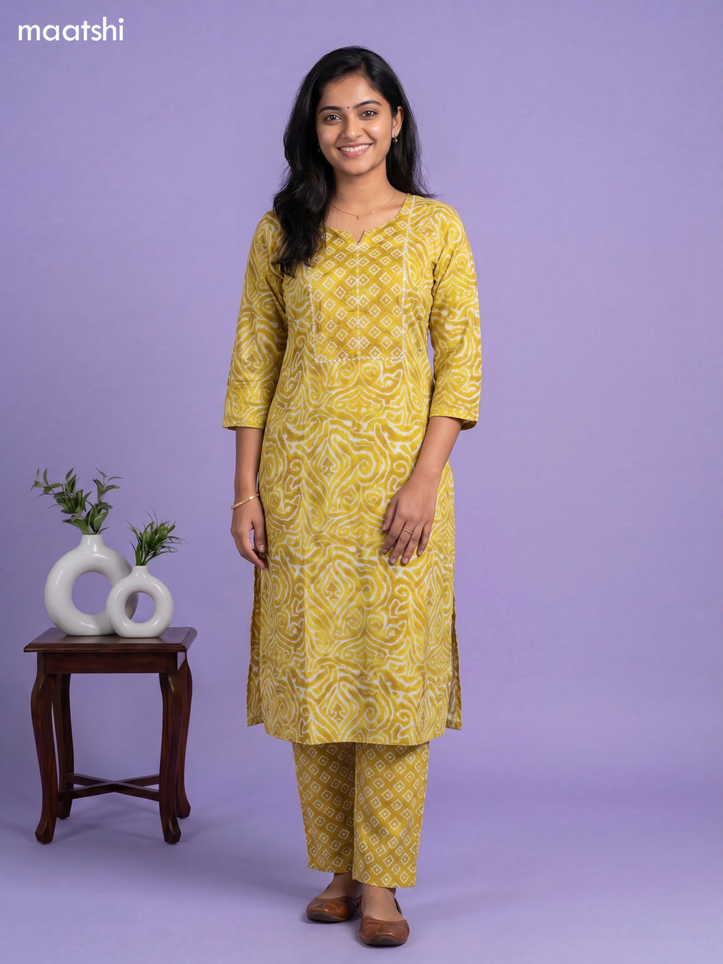 Lime Green Cotton Ikat Weaves & Simple Embroidery Work Straight Suit