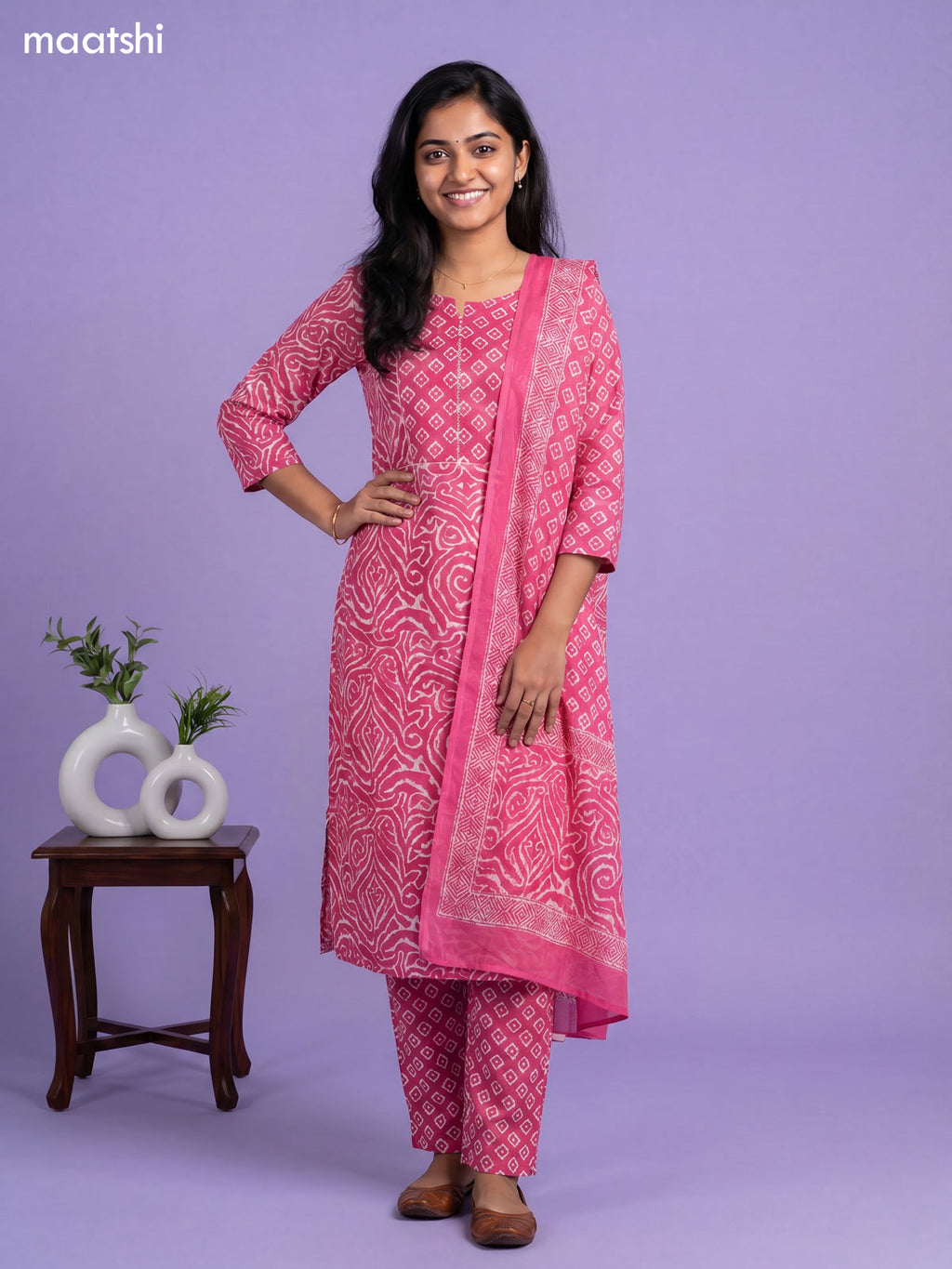 Dark Pink Cotton Ikat Weaves & Simple Embroidery Work Straight Suit