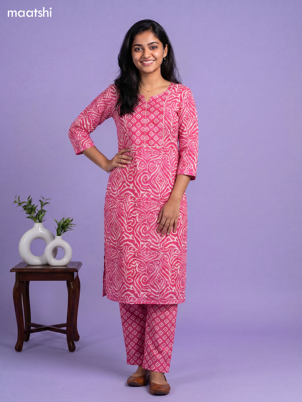 Dark Pink Cotton Ikat Weaves & Simple Embroidery Work Straight Suit