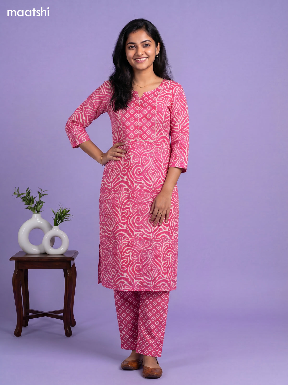Dark Pink Cotton Ikat Weaves & Simple Embroidery Work Straight Suit