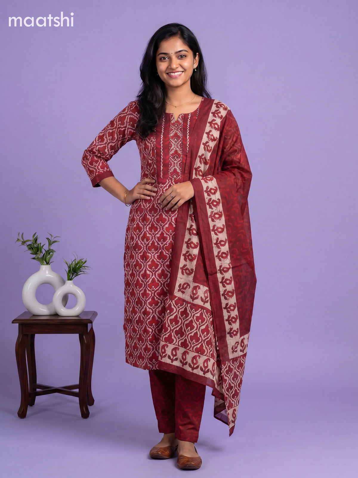 Reddish Pink and Beige Cotton Batik Printed & Embroidery Work Straight Suit