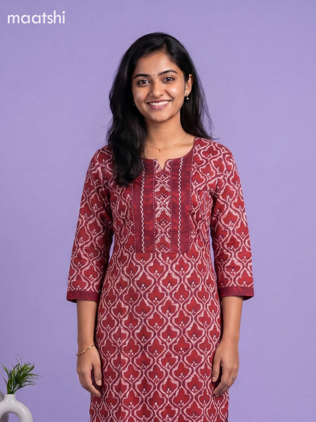 Reddish Pink and Beige Cotton Batik Printed & Embroidery Work Straight Suit