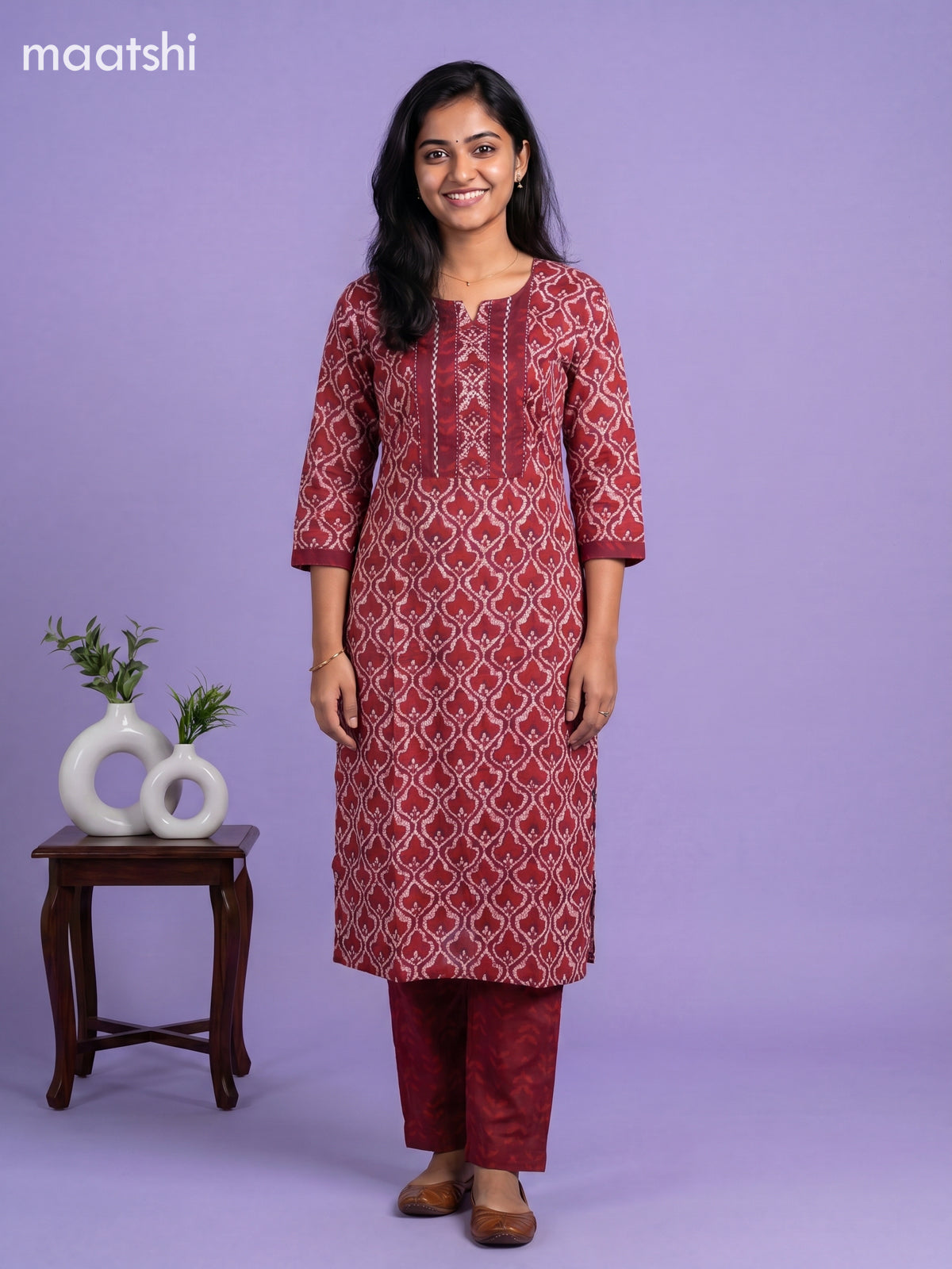 Reddish Pink and Beige Cotton Batik Printed & Embroidery Work Straight Suit