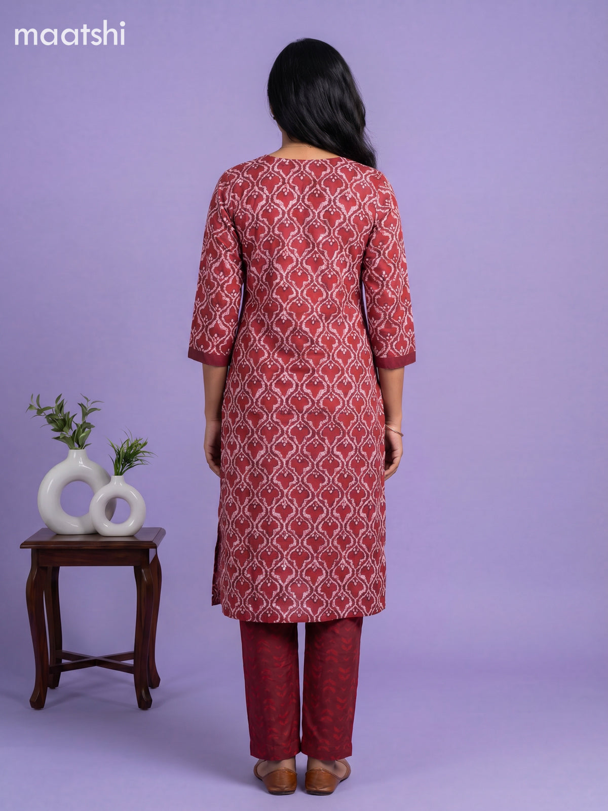 Reddish Pink and Beige Cotton Batik Printed & Embroidery Work Straight Suit
