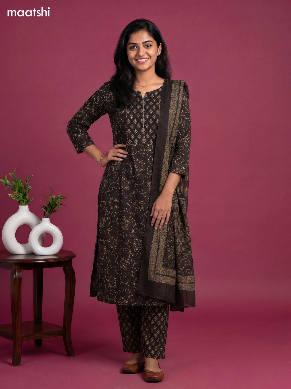 Deep Coffee Brown Cotton Bandhani Printed & Simple Embroidery Work Straight Suit