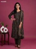 Deep Coffee Brown Cotton Bandhani Printed & Simple Embroidery Work Straight Suit