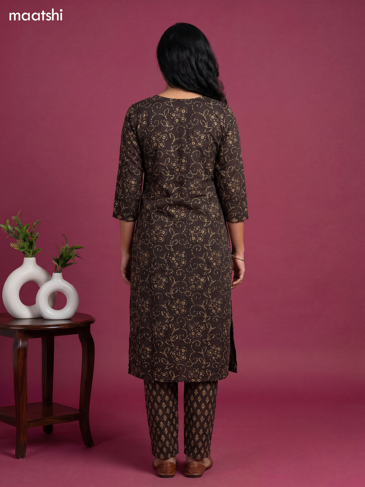 Deep Coffee Brown Cotton Bandhani Printed & Simple Embroidery Work Straight Suit