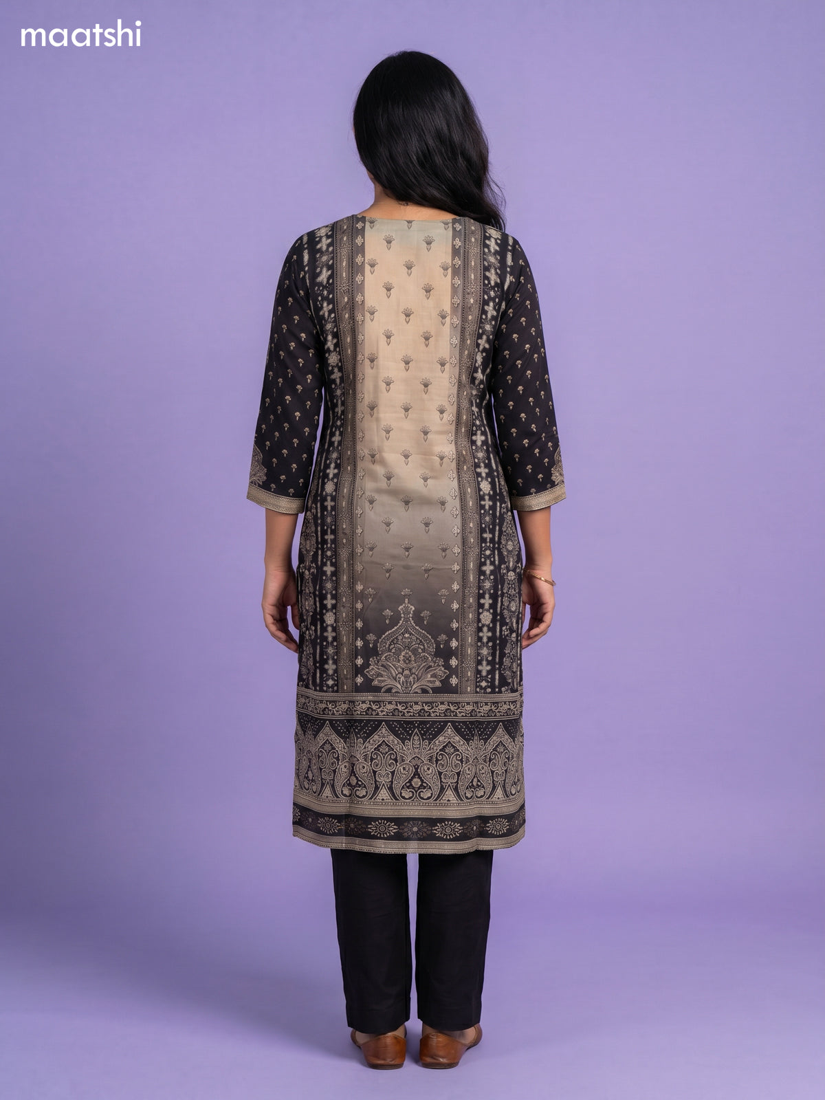 Black and Dark Beige Crepe Silk Floral Printed Straight Suit