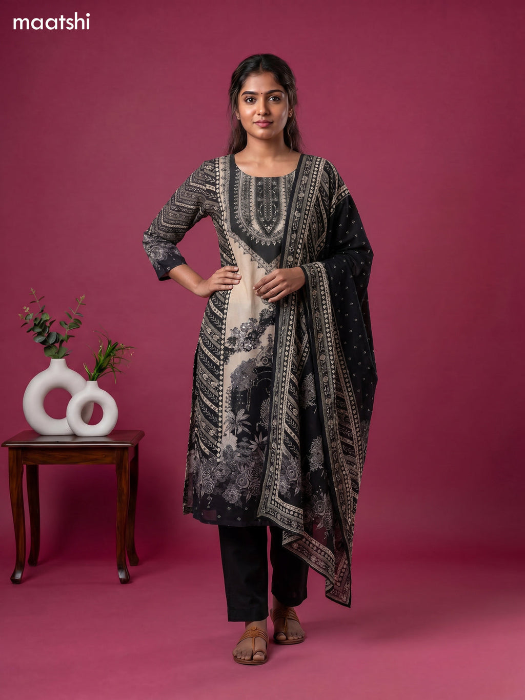 Beige and Black Crepe Silk Floral Printed Straight Suit