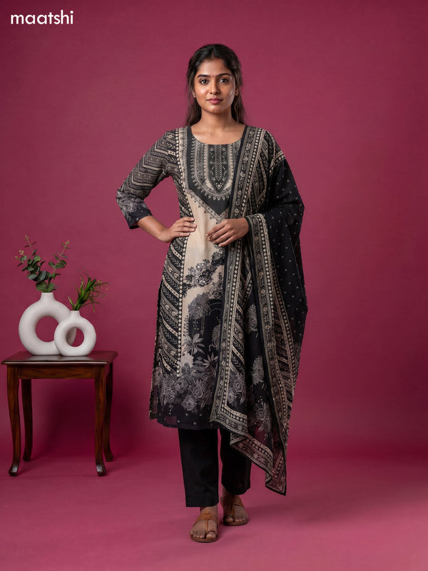 Beige and Black Crepe Silk Floral Printed Straight Suit